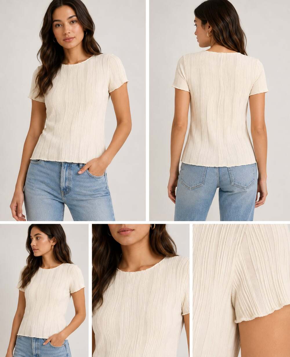 SHEIN Textured Ribbed Slim Fit Short Sleeve Crewneck Top